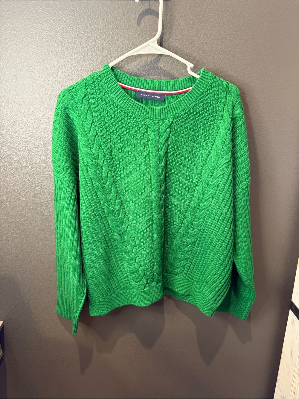 Tommy Hilfiger Bright Green Cable Knit Crewneck Sweater